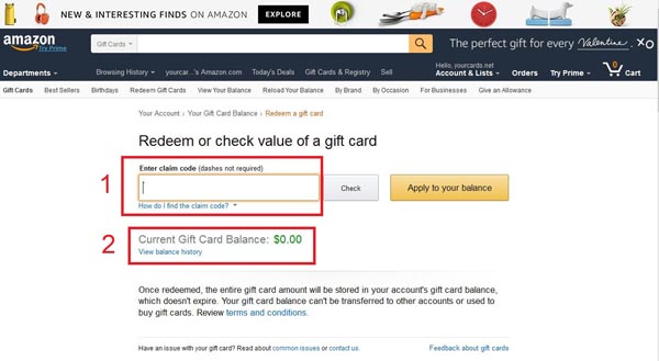 بالانس حساب آمازون ، وارد کردن کد گیفت کارت در آمازون